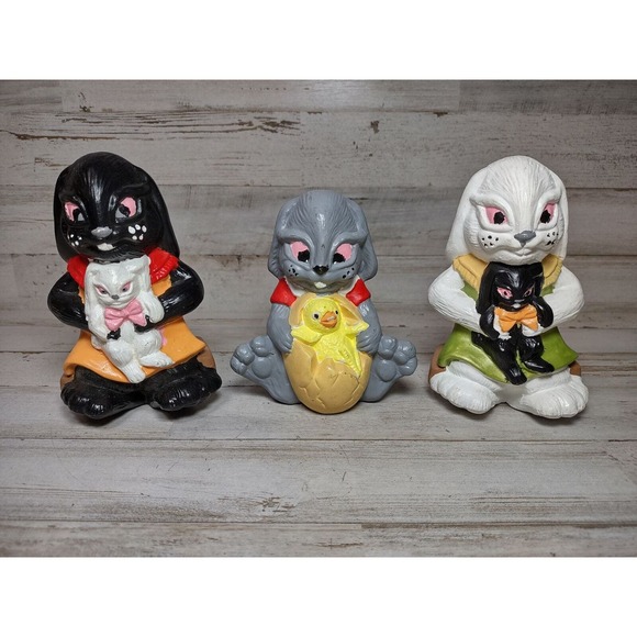 Set of 3 Vintage Hand Painted Ceramic Bunny Rabbit Chicken Figurines Easter - Picture 1 of 12